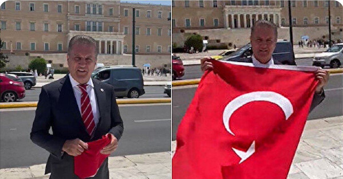 HBKonusuyor's tweet photo. Mustafa Sarıgül, Yunanistan Parlamentosu önünde Türk bayrağı açınca Yunanlılarda ona misilleme Ayasofya Camiisi önünde Yunan bayrağı açtı! https://t.co/bLhHy8LdxF
