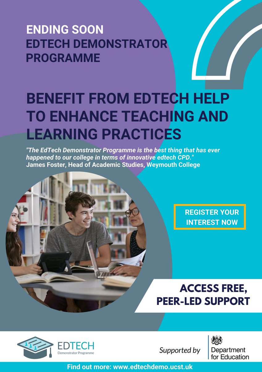 🔊 Benefit from the DfE’s fully-funded #EdTech Demonstrator Programme which provides tailored support to any publicly-funded #college in England. 
⏰ FINAL WEEK TO REGISTER ow.ly/i4HZ50JEMRQ  #headteachers #governors #edreform #edleadership