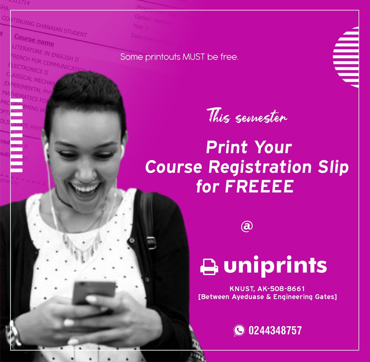 uniprintsgh's tweet photo. This semester, print your Course Registration Slip for FREE at uniprints. https://t.co/mYZcr7DqRj