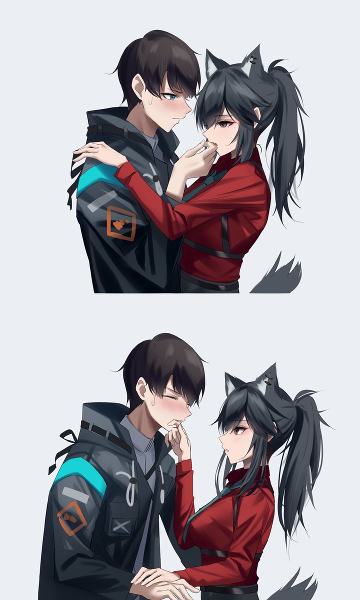 1girl animal ears wolf ears red shirt tail black hair shirt  illustration images