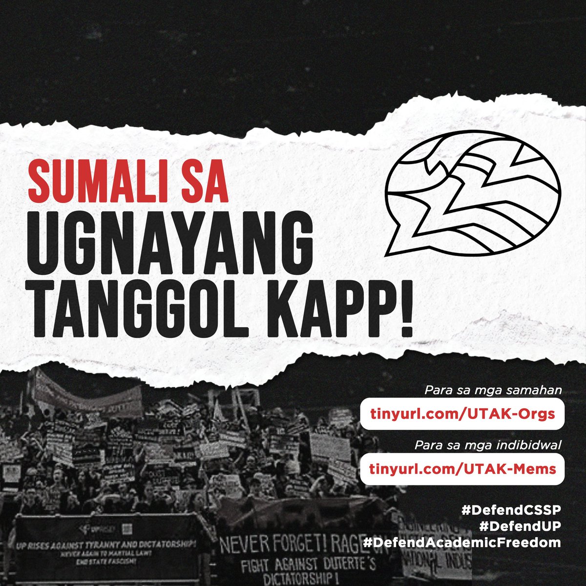 UTAKCSSP's tweet photo. Tumindig para sa kalayaang pang-akademiko! Pasikhayin ang panawagang Defend CSSP! Konsensya ng Bayan, sumali sa Ugnayang Tanggol KAPP!

Para sa mga samahan: https://t.co/p2RabbtTUz
Para sa mga indibidwal: https://t.co/eh3c8KRvLp
#DefendCSSP
#DefendUP
#DefendAcademicFreedom https://t.co/d6YJglVWcf
