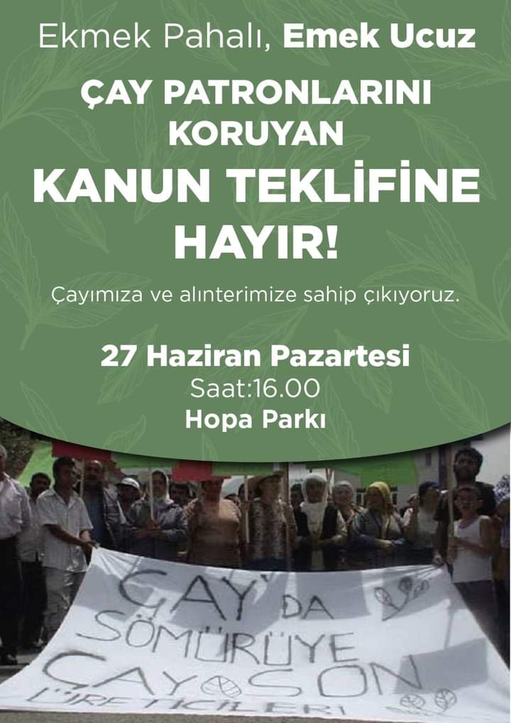 ÇAYDA SÖMÜRÜYE SON..!

Patronları koruyan, üreticiyi yok sayan kanun teklifi geri çekilsin..
#çaydasömürüyeson 
<a href="/TurkiyeninCayi/">ÇAYKUR</a>