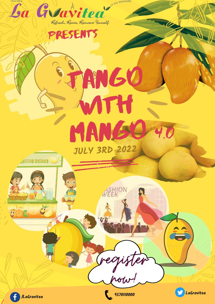 LaGravitea's tweet photo. 🥭 🥭 🥭 🥭 🥭
#TangoWithMango 4.0 on July 03, 2022 (9 am - 11 am) at 'La Gravitea', Jamshedpur.

*ENTRY FEE* Rs.100 (Google Pay and Register with Your_Name at 9570110000)

* MasterChef 

* Mango Cutting/Carving/Art

* Mango Themed Fancy Dress Competition

* Funny Quotes on Mango https://t.co/dzO9dx8noZ