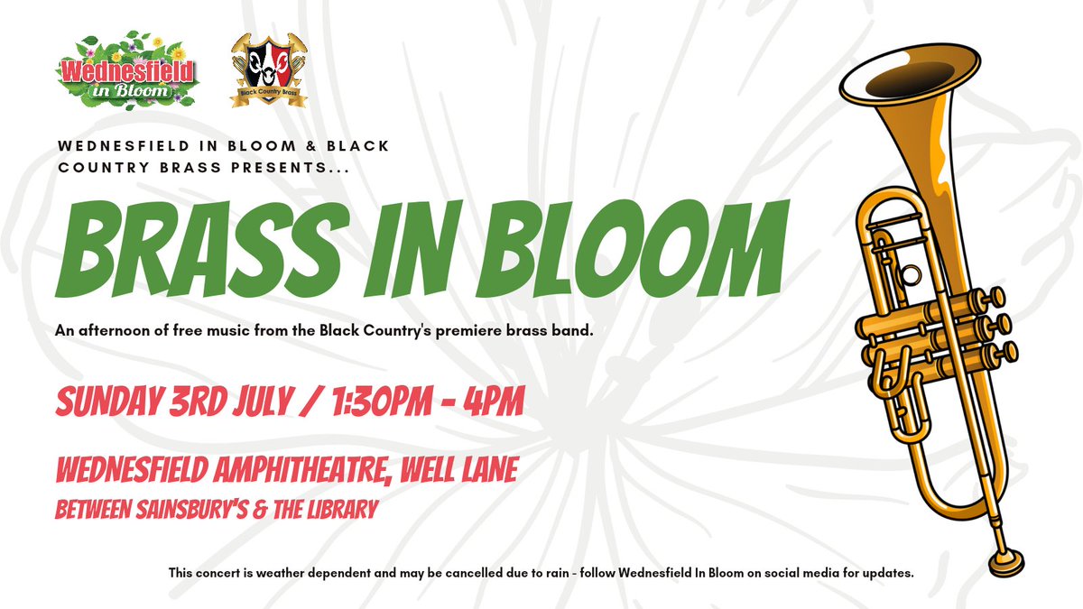 WfieldinBloom's tweet photo. Brass in Bloom returns next Sunday! 🎺📯

Join us for an afternoon of free music from Black Country Brass in the amphitheatre outside Wednesfield Library! https://t.co/quXaJmzxXO
