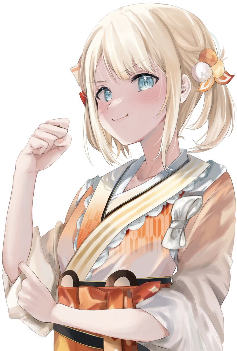 kazama iroha 1girl solo japanese clothes blonde hair white background simple background blue eyes  illustration images