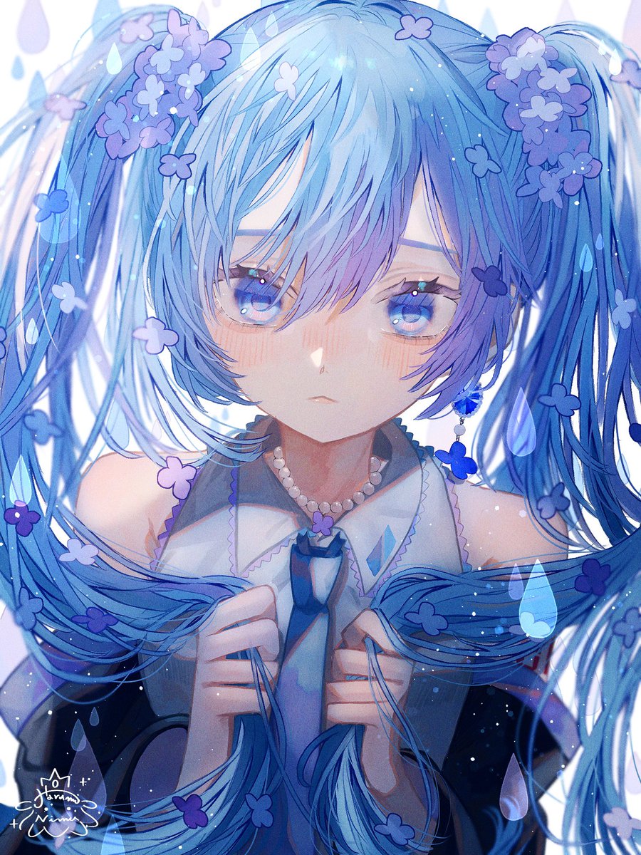 hatsune miku 1girl solo twintails long hair blue eyes hair ornament holding hair  illustration images