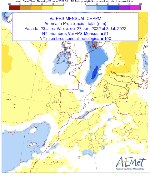 AEMET_Andalucia's tweet photo. Tendencia para la próxima semana (27 de junio a 3 de julio) en Andalucía (según el modelo IFS): más seca y fresca de lo normal para la épica del año https://t.co/NtrxLDbOFK