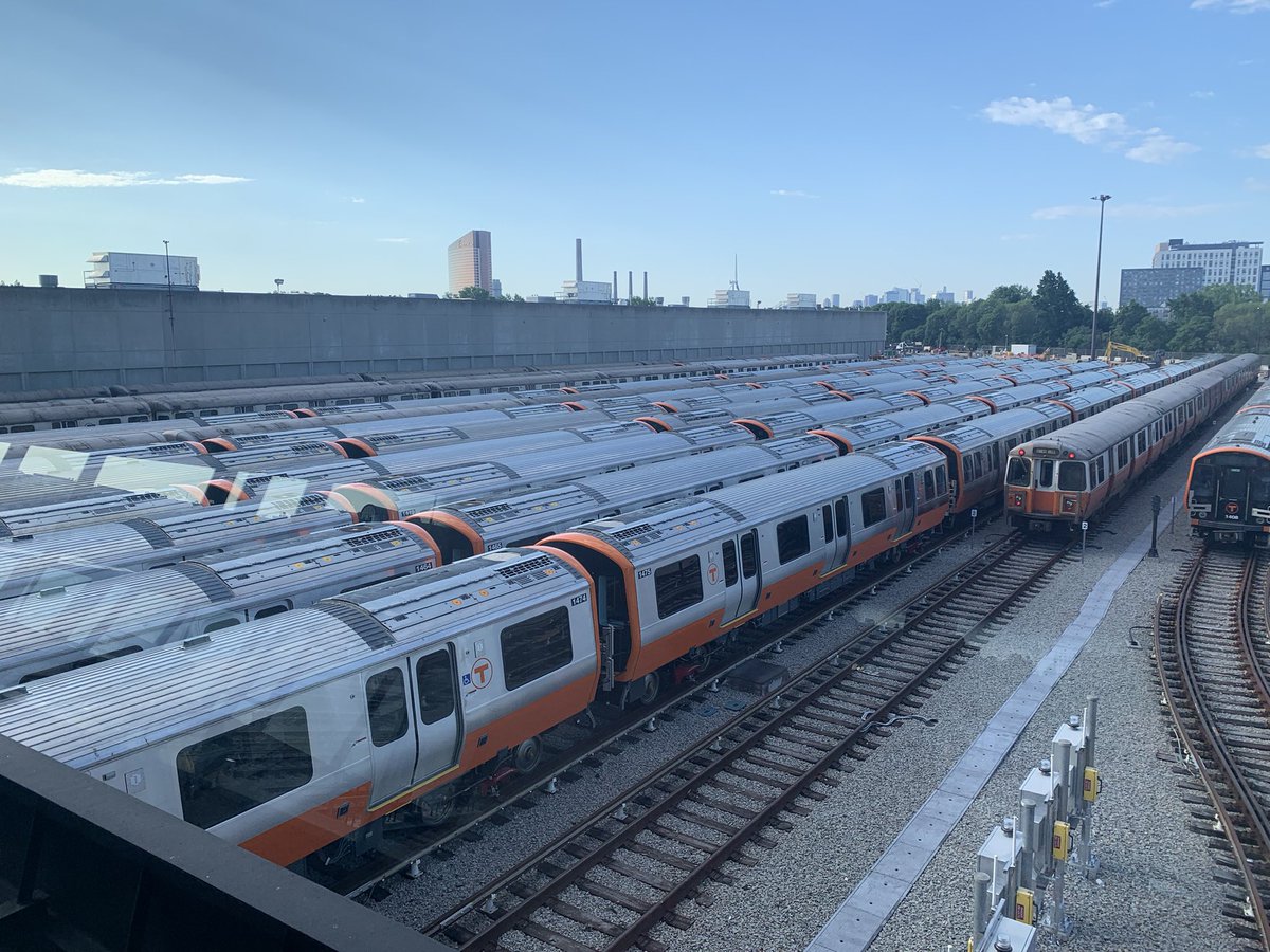 DavidCifarelli's tweet photo. Love seeing a whole yard full of new Orange Line trains after the @MBTA had to pull them from service due to safety issues #BostonThings https://t.co/tKasKCLsJD