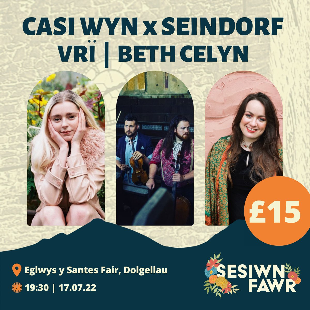 SesiwnFawr's tweet photo. ⛪️ Gig yr Eglwys ~ #SFD30⛪️
🎶 @casi x Seindorf ~ @VriOfficial ~ @BethCelyn
 
🗓️ Nos Sul / Sunday, 17/07/22
🕣 Drysau'n agor / Doors open, 19:00
📍 Eglwys y Santes Fair | St Mary's Church, Dolgellau
💸 £15
🎟️ https://t.co/A6ES0AqWdu

#SesiwnFawr https://t.co/LuPfPUkc0y