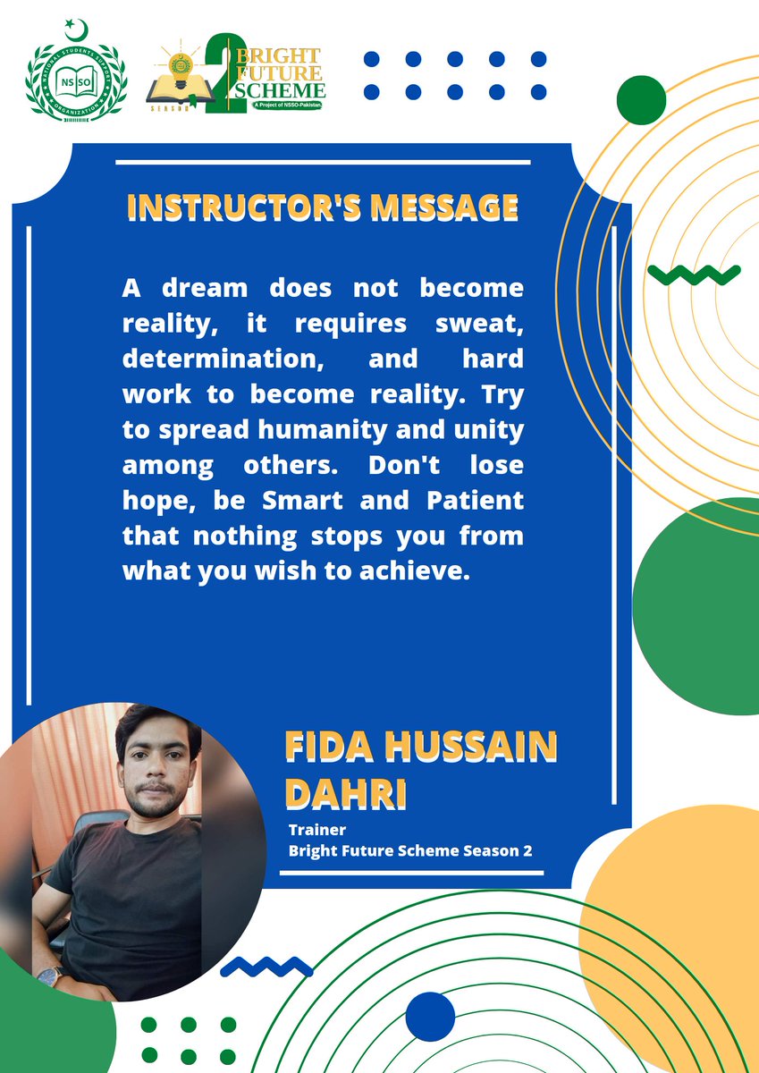 NSSOPakistan's tweet photo. ANNOUNCEMENT

Here, NSSOPakistan is going to announce the Message of Trainer of Bright Future Scheme Season 2 
(A Project of NSSOPakistan).

#BrightFutureSchemeSeason2 #AProjectofNSSOPakistan #Education #Courses
#NSSOPakistan #Letsgrowtogether
#NationalStudentsSupportOrganization https://t.co/fdrMpehXZg