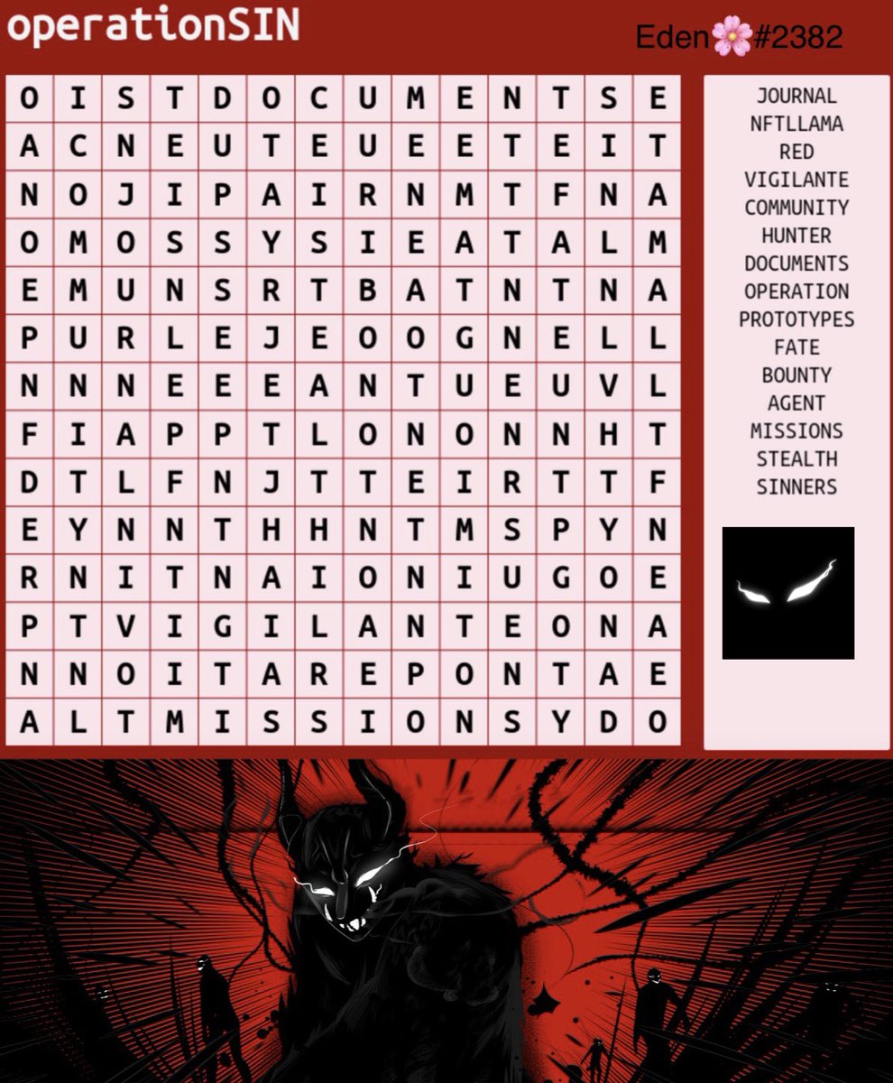 DeGenApe12's tweet photo. #Day 6 Complete the #Wordsearch below. We must make this operation successful, our fate depends on it…
@operationSIN @NFTLlama @HatoETH 🫡 #operationSIN #sinners #NFTLlama https://t.co/0bM1RcbQrA