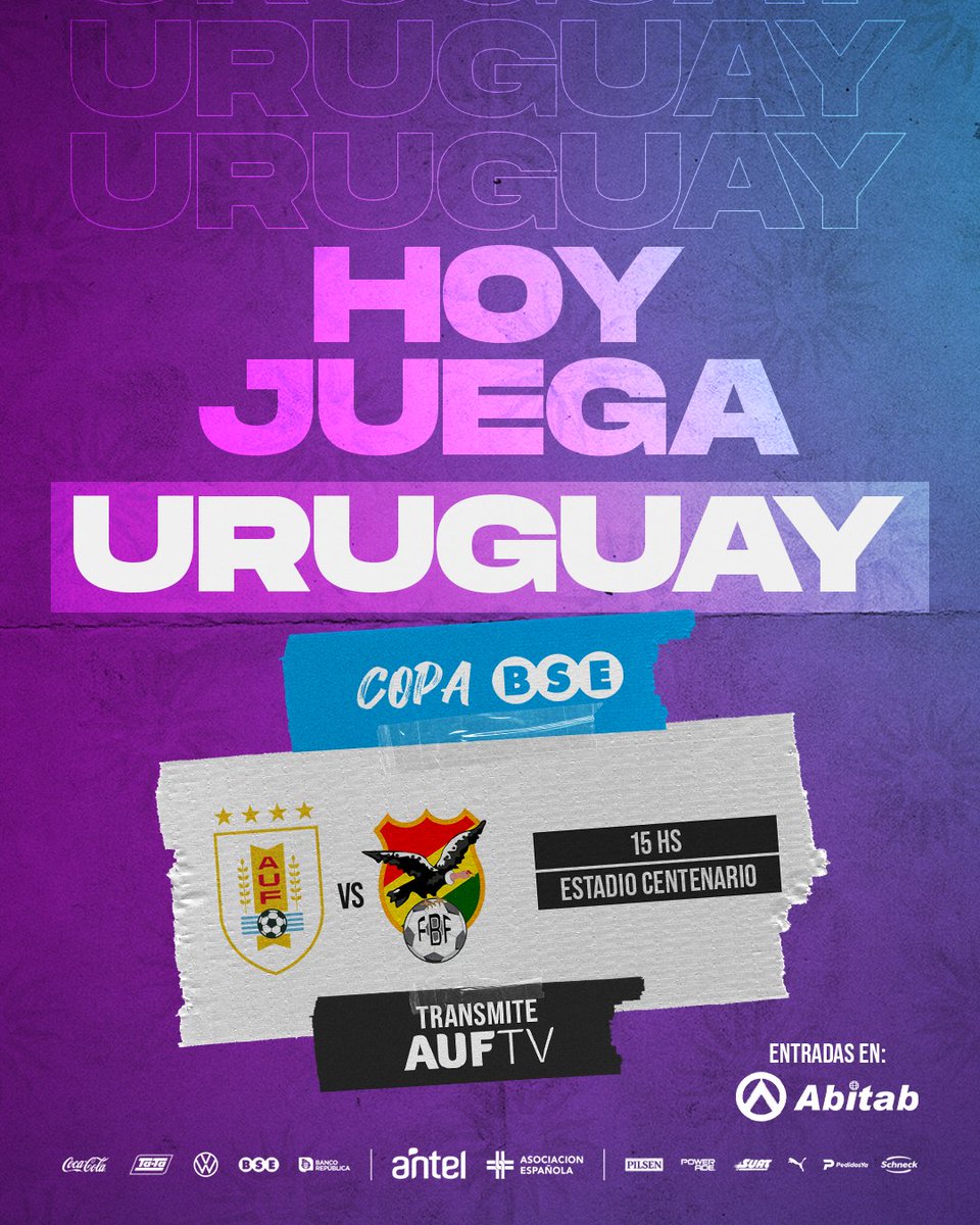 🤩 ¡𝗛𝗢𝗬 𝗝𝗨𝗘𝗚𝗔 𝗨𝗥𝗨𝗚𝗨𝗔𝗬!

⚽ 🇺🇾🆚🇧🇴
⏰ 15 h
🏟️ Centenario
📺 AUFTV y <a href="/DIRECTVUy/">DIRECTV Uruguay</a>

🖥️📲 ¡Registrate gratis y seguilo en VIVO por AUF.TV!

#CopaBSE