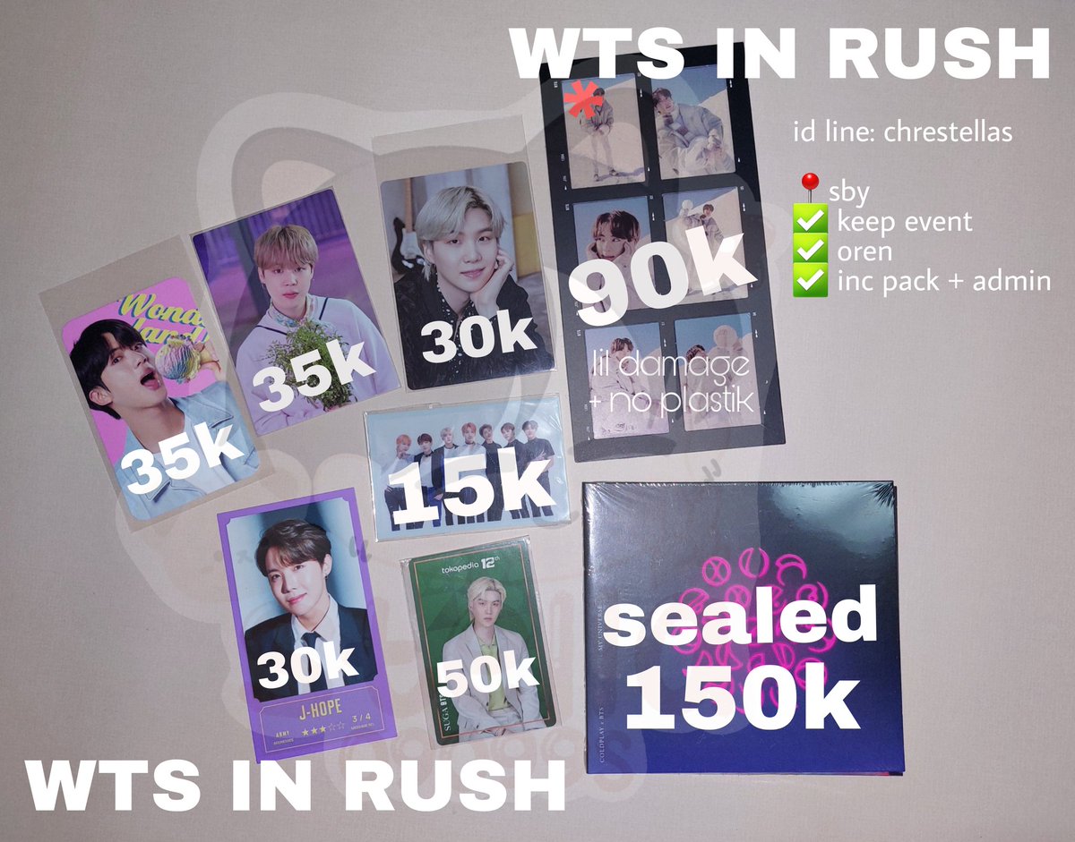 stardstx's tweet photo. [HELP RT?] 

WTS BTS IN RUSH🥺 

PTD Suga
Baskin Jin
Sowozoo Jimin
Message Card Bang bang con Jhope
6 Cut Film Winter Package Jin
CD BTS Coldplay Sealed
BTS Sleeve
PC Ijo Suga

📍Sby, Ina
✅️event
✅️oren
✅️pack&amp;admin 

Zonaba mpc wts wtb yoongi namjoon v taehyung jk jungkook https://t.co/hkxqEaITyt