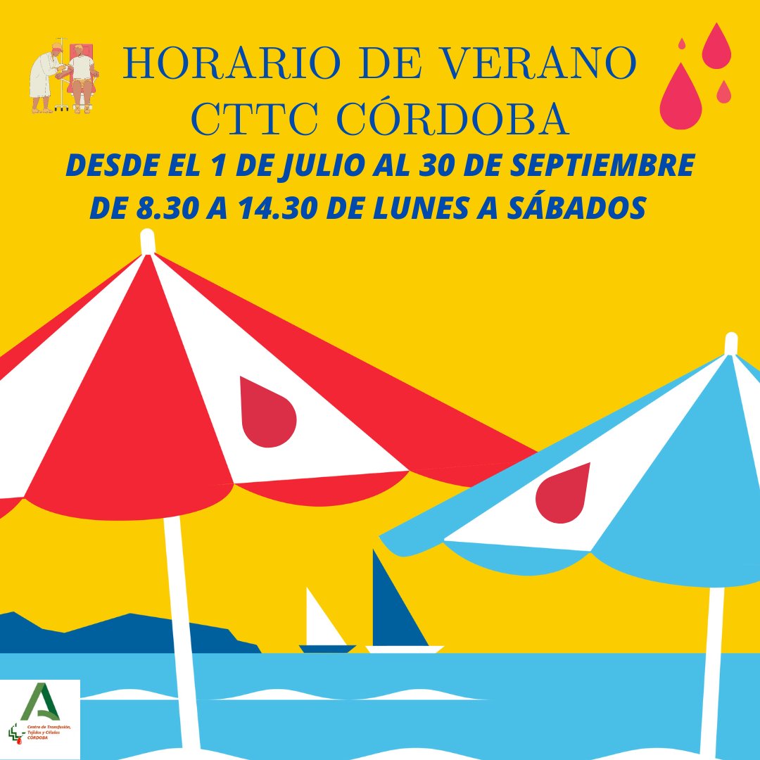 donantescordoba's tweet photo. Desde el 1 de julio,tenemos horario de verano 🌞,nuestras instalaciones permanecen abiertas de 8.30 a 14.30 h,de lunes a sábados.Todos los días tenemos  dos campañas en unidades móviles 🚐🚌 que se pueden consultar⏰⏰ en https://t.co/BLKa4IEsfo.#DonaSangre #DonaVida #CordobaEsp https://t.co/hzkBWwg48x