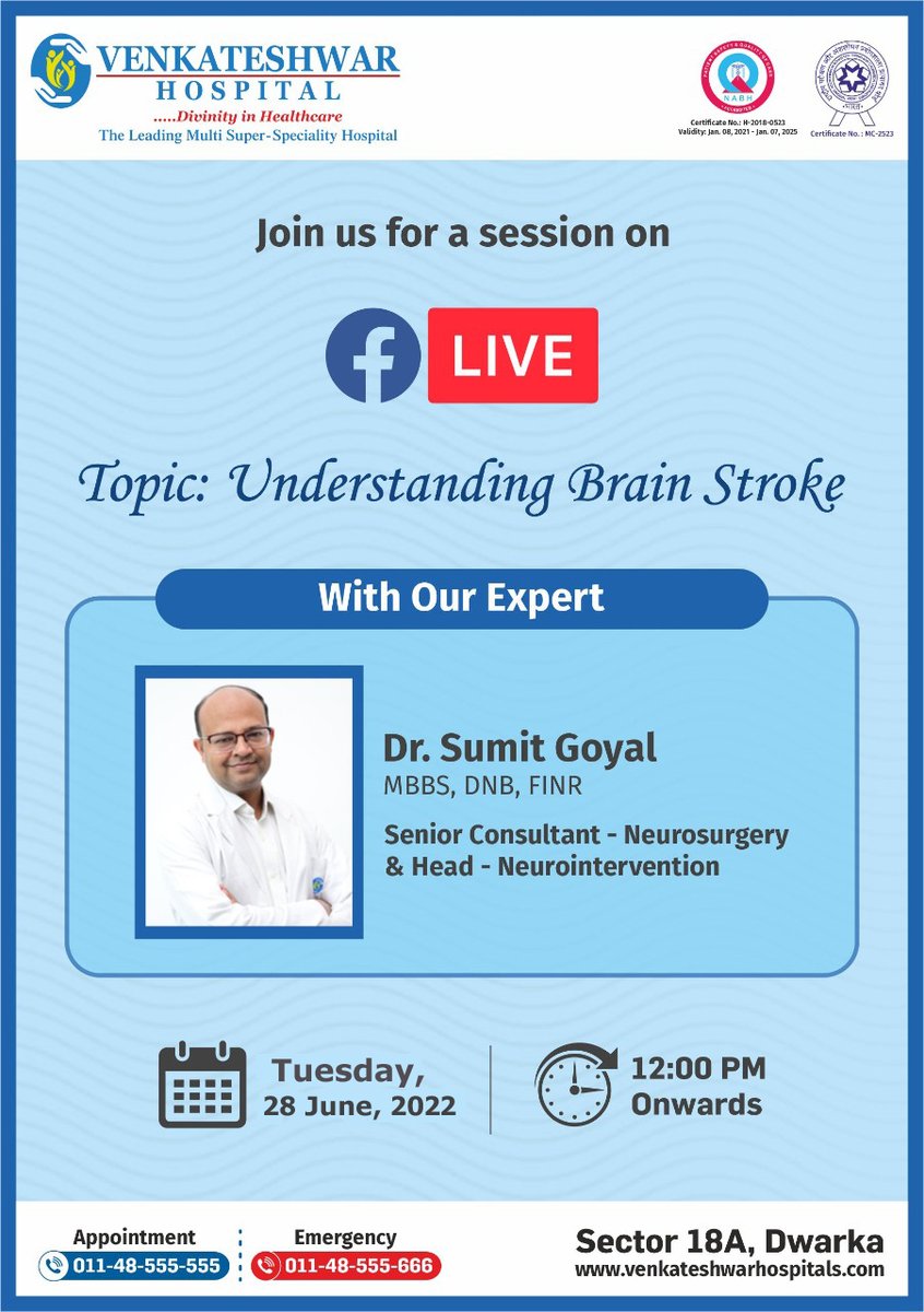 dr_sumit_goyal's tweet image. Join us for a session on Facebook Live on 28th June 2022
Topic : Understanding Brain Stroke
#FacebookLive #brainstroke #FacebookLiveSession #BrainDoctor