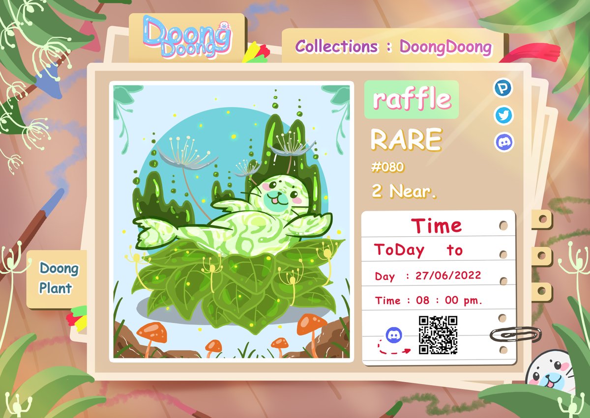 📢 Today Raffle Sale Doong Plant #080 2 Near.
- level ( RARE ) ⭐⭐ <a href="/ParasHQ/">Paras 🟩🟧</a> 
- Raffle time Today to 08 : 00 pm. 27/6/2565
- discord.gg/YptWcx4GfT 
- at room  🎉-raffle 

paras.id/collection/doo…

#NFT #PARASnft #NEAR #NFTCommunity #paras