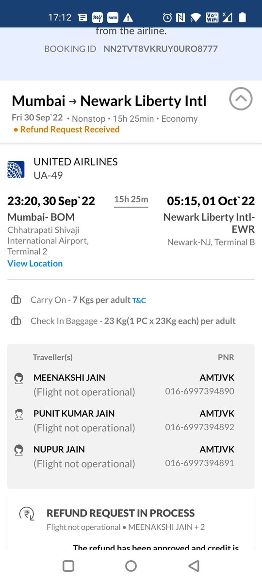 punitjain_1998's tweet photo. @makemytrip @united cancelled my flight Mumbai-EWR on 30Sep, and not giving refund. How can the flight be cancelled without giving reason, and then not give refund quickly?
#poorcustomerservice
#makemytrip #unitedairlines #flightcancellation #delayinrefund https://t.co/kDQW7sXZsq