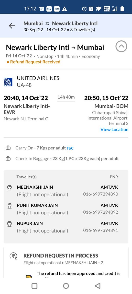 punitjain_1998's tweet photo. @makemytrip @united cancelled my flight Mumbai-EWR on 30Sep, and not giving refund. How can the flight be cancelled without giving reason, and then not give refund quickly?
#poorcustomerservice
#makemytrip #unitedairlines #flightcancellation #delayinrefund https://t.co/kDQW7sXZsq