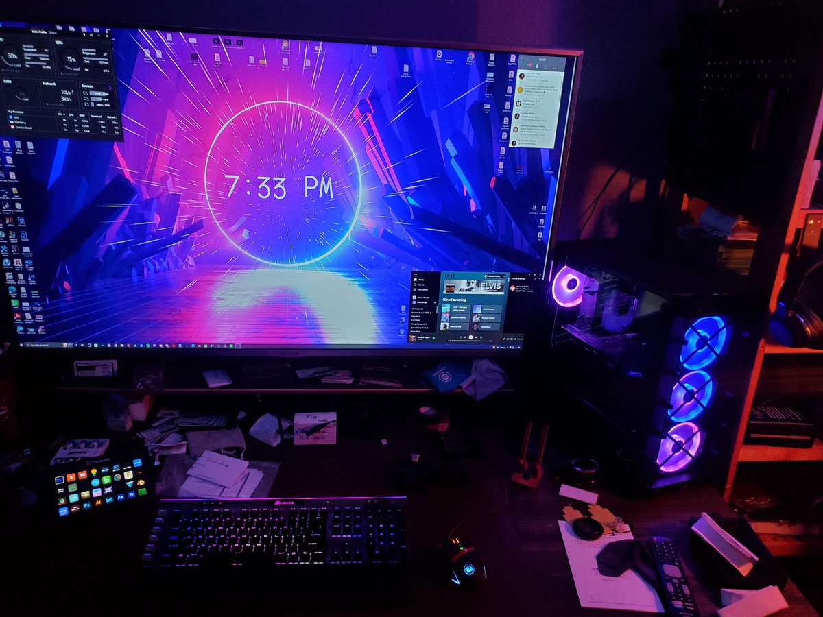 gooflica's tweet photo. New setup for my studio. Corsair pc tower and keyboard. 60" 4k TV and a 32 key stream deck. https://t.co/8eAL2zRGVv