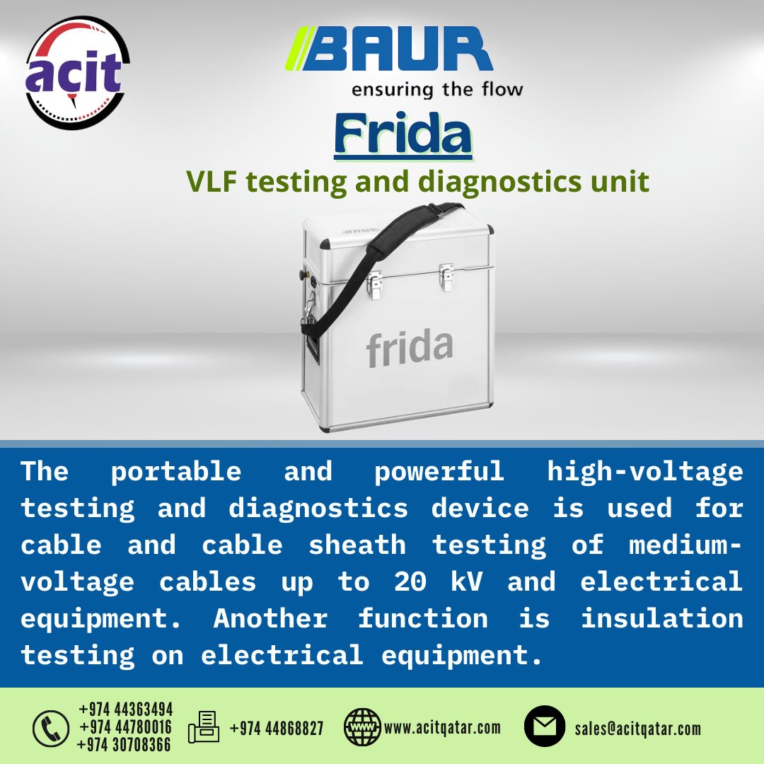 QatarAcit's tweet image. Cable testing and diagnostics with the BAUR frida. For more visit acitqatar.com #baur #baurgmbh #vlftesting #frida #ensuringtheflow #baurpower #insulatingoiltesting #breakdownvoltagetesting #cablefaultlocation #cabletestinganddiagnostics #acitqatar #qatar