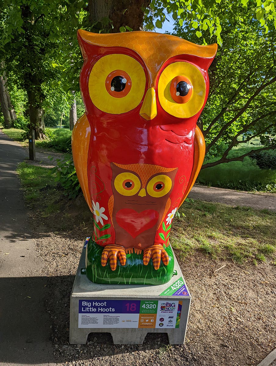 Big Hoot Owl, created by Sandra Russell, now in Holywells Park. A wild Art event brought to Ipswich by St Elizabeth Hospice #TheBigHoot #Holywells #Ipswich