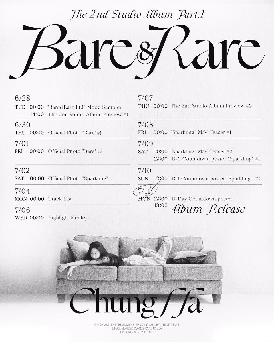 CHUNGHA_MNHent's tweet photo. CHUNG HA The 2nd Studio Album Pt.1 'Bare&amp;Rare' Scheduler

2022.07.11. 6:00PM (KST)

2022.07.11. 4:00AM (EST)

#청하 #CHUNGHA #Bare #Sparkling #2nd #Album #Part1 https://t.co/naxp5x6ygn