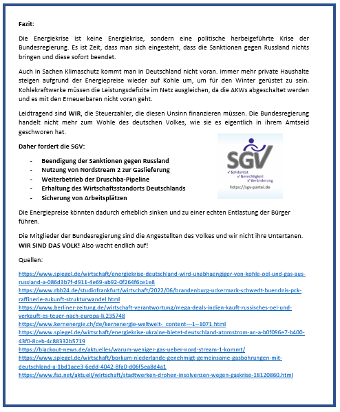 Die hausgemachte Energiekrise der Bundesregierung!
#erdöl #gas #russland #atom #energie #strom #heizen #klima #klimaschutz #sanktionen #ukraine #NordStream2
Den Artikel finden Sie zeitnah auf unserer homepage:
sgv-partei.de
