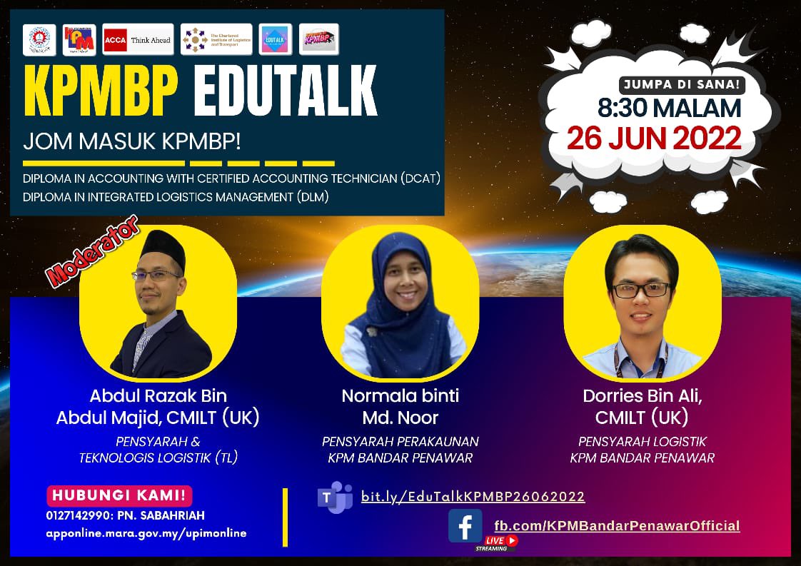 mppkpmbp_'s tweet photo. 👨‍💼Jangan ketinggalan untuk saksikan KPMBP Edutalk Jom Masuk KPMBP!!!

🗓️Jangan lupa temu janji kita pada *Hari ini 26 Jun 2022 (Ahad) jam 8.30  malam di platform online Teams*
👇👇👇👇
https://t.co/AyO6uj58ci

📱Keterangan lanjut :
https://t.co/ty0pjRQlGx 

#JomMasukKPMBP https://t.co/yJJf3nHBa2