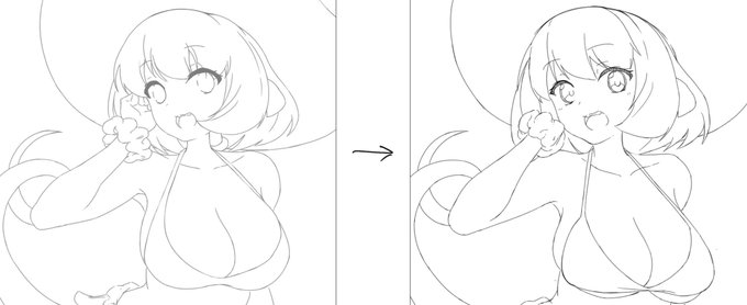 最近色々アニメーターさんの原画集を見漁って学べたことを当ててみる。
・顔のパーツの向きを揃える。
・でこの形を意識して前髪を配置する。
・胴体の厚みを出す。

前より見やすい絵になった。 