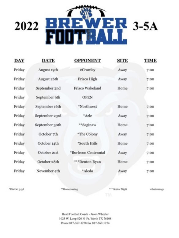 Danny Cole (@drcole620) on Twitter photo Here is the varsity football schedule. Who is ready for some football. <a href="/BrewerBearFB/">Brewer Football</a> <a href="/BrewerAthletics/">Official Brewer Bears Athletics</a> <a href="/jwheeler294/">jason wheeler</a> <a href="/wsisdschools/">White Settlement ISD</a> Here is the varsity football schedule. Who is ready for some football. <a href="/BrewerBearFB/">Brewer Football</a> <a href="/BrewerAthletics/">Official Brewer Bears Athletics</a> <a href="/jwheeler294/">jason wheeler</a> <a href="/wsisdschools/">White Settlement ISD</a>