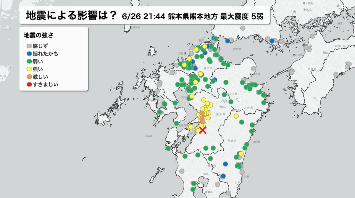 6月26日 21:44 熊本県熊本地方 M4.7 最大震度5弱地震大丈夫でしたでしょうか。ウェザーニュースの集計では、今のところ大きな被害の報告は届いていませんが、熊本県内では強い揺れを感じたという回答が多くなっています。▼報告・閲覧フォーム 