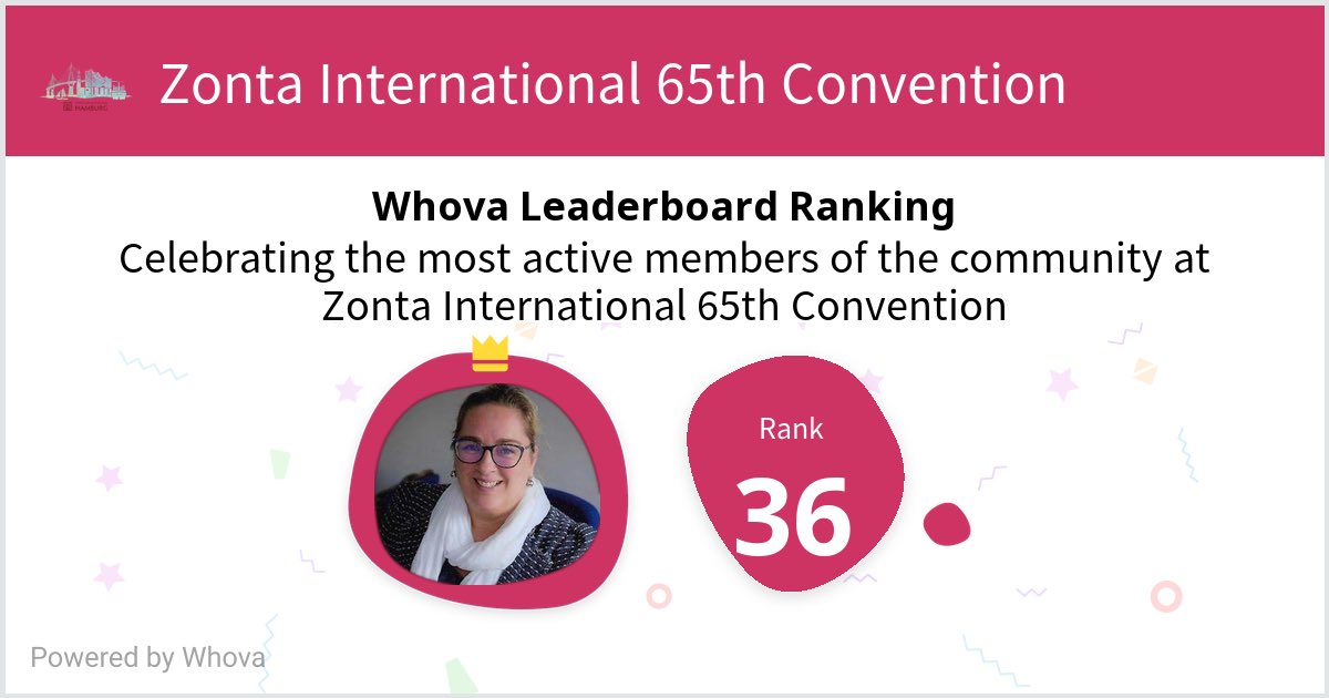 I ranked #36 on the Whova leaderboard at Zonta International 65th Convention! #ZontaHamburg2022 - via #Whova event app
