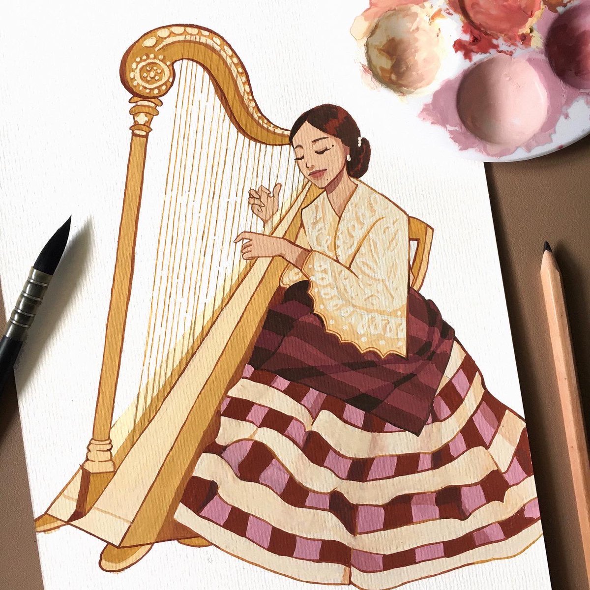 1girl solo instrument closed eyes traditional media white background hair bun  illustration images
