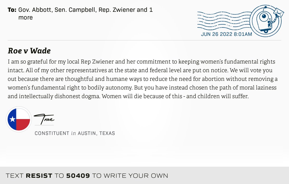openletterbot's tweet photo. 📬 I delivered “Roe v Wade” from @traetd to @GovAbbott, Sen. Campbell, Rep. Zwiener and 1 more  #TXpolitics

📝 Write your own: https://t.co/z5540KFSKD https://t.co/fgZtRFMEtV