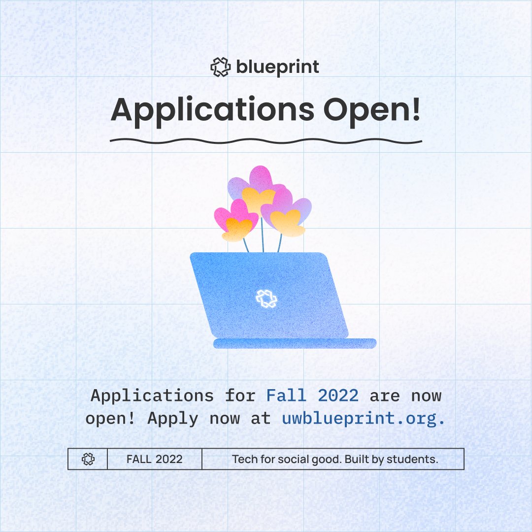 Fall 2022 applications are now open until July 6 @ 11:59 PM! 🎉

No matter what program, background, or skill set, we're looking for your passion and dedication to our mission of creating products for social good.

uwblueprint.org