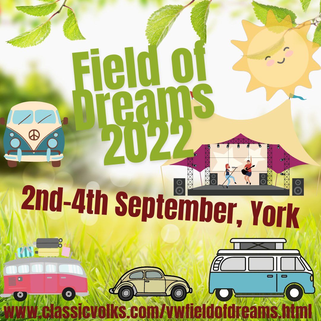 Chilled out aircooled VW festival with camping for all. 
Tickets and trade pitches available from classicvolks.com/vwfieldofdream…