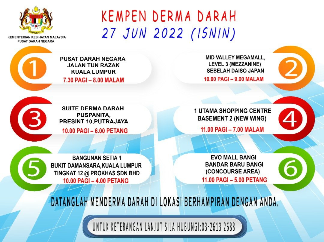 Berikut merupakan jadual kempen derma darah pada 27 JUN 2022 (ISNIN).Kepada mereka yang berkelapangan hadirlah menderma darah di lokasi yang berhampiran.
