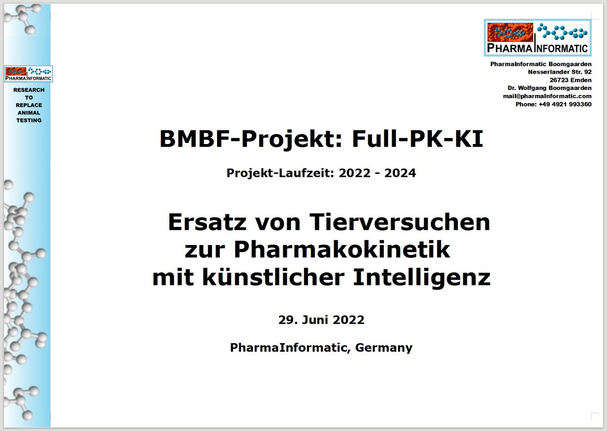 Wir freuen uns, unser aktuelles #BMBF-Projekt #Full_PK_KI am 29.Juni 22 beim #Bundesnetzwerk #3R vorstellen zu dürfen:

Ersatz von #Tierversuchen zur #Pharmakokinetik mit künstlicher Intelligenz

Anmeldung &amp; Agenda hier: ssl.vdivde-it.de/registration/3…
#KI #Tierversuche #AI #Forschung