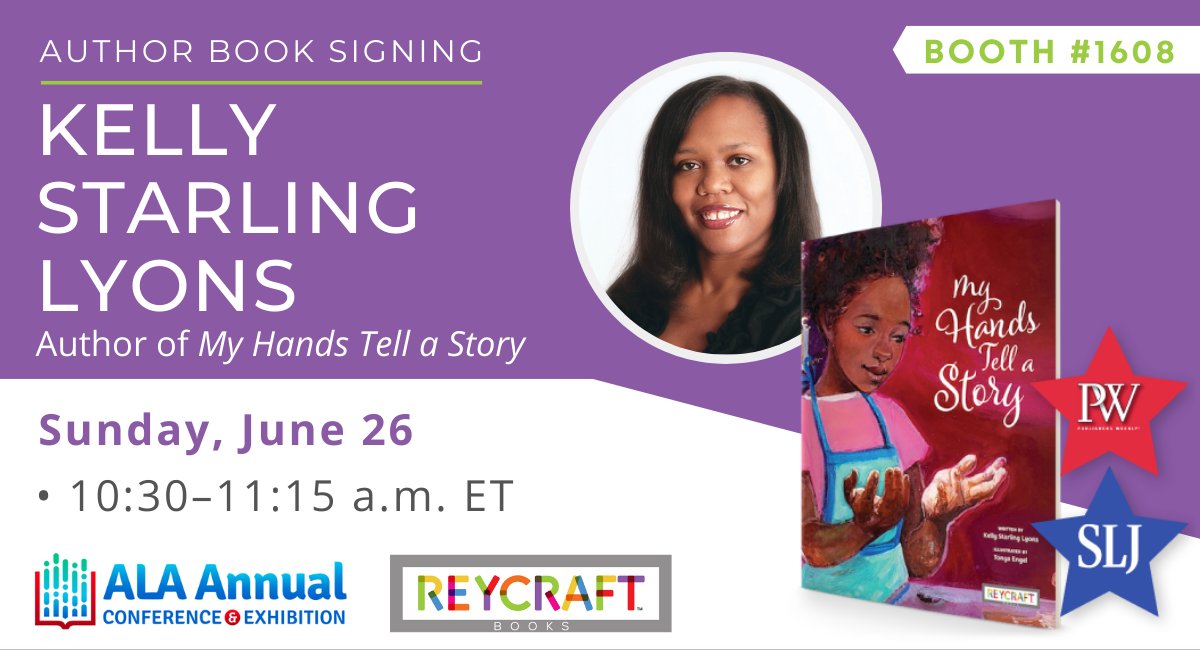 ReycraftBooks's tweet image. #ALAAC22! Meet Kelly Starling Lyons, author of the SLJ and PW STARRED &apos;My Hands Tell a Story,&apos; at 10:30 a.m. ET today. Visit Reycraft Books in booth #1608 to get a first look at her stunning new book.

@ALALibrary #ALA @kelstarly
