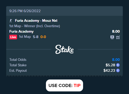 stakesportsbet's tweet photo. Furia Academy - Mouz Nxt

Bet slip link: https://t.co/qaas4zewVh

#FuriaAcademy #MouzNxt #thegraph #grt #sportsgambling https://t.co/dBQOlWjETR