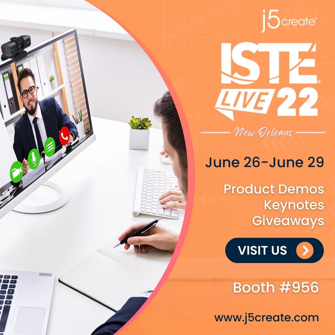 j5create's tweet image. Will you be present at @ISTE? We will, too! Stop by booth #956 to speak with one of our experts about our line of peripherals that are ideal for your virtual or live classroom.  iste.org