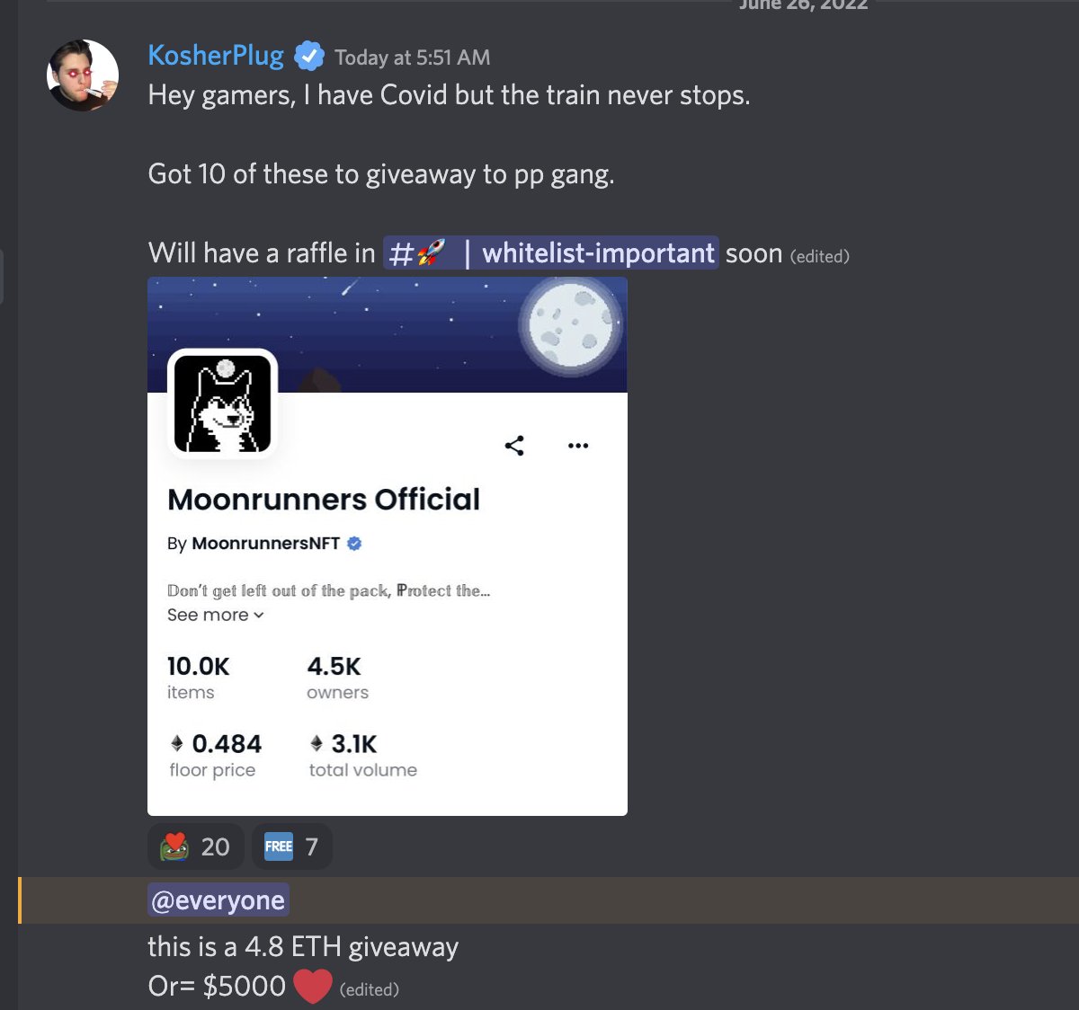 Giveaway for Plug Pass holders with 10 winners for a <a href="/MoonrunnersNFT/">Moonrunners</a>. Giveaway evaluation is about 5ETH ($6000) at time of post. 💰

Like &amp; Retweet for chance at a 24hr pass ❤️