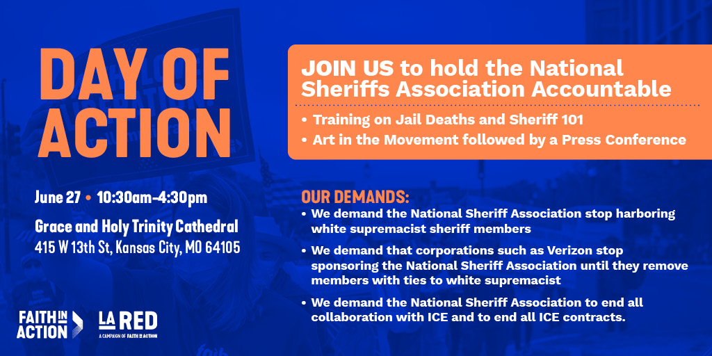 FIAliberation's tweet photo. JOIN US for a DAY OF ACTION: June 27 in Kansas City, Missouri , to expose the oppressive, racist and life threatening practices of white supremacist sheriffs as they convene at the National Sheriff Association (NSA) conference. #SheriffAccountability #ExtremistSheriffs https://t.co/ngzlYGvios