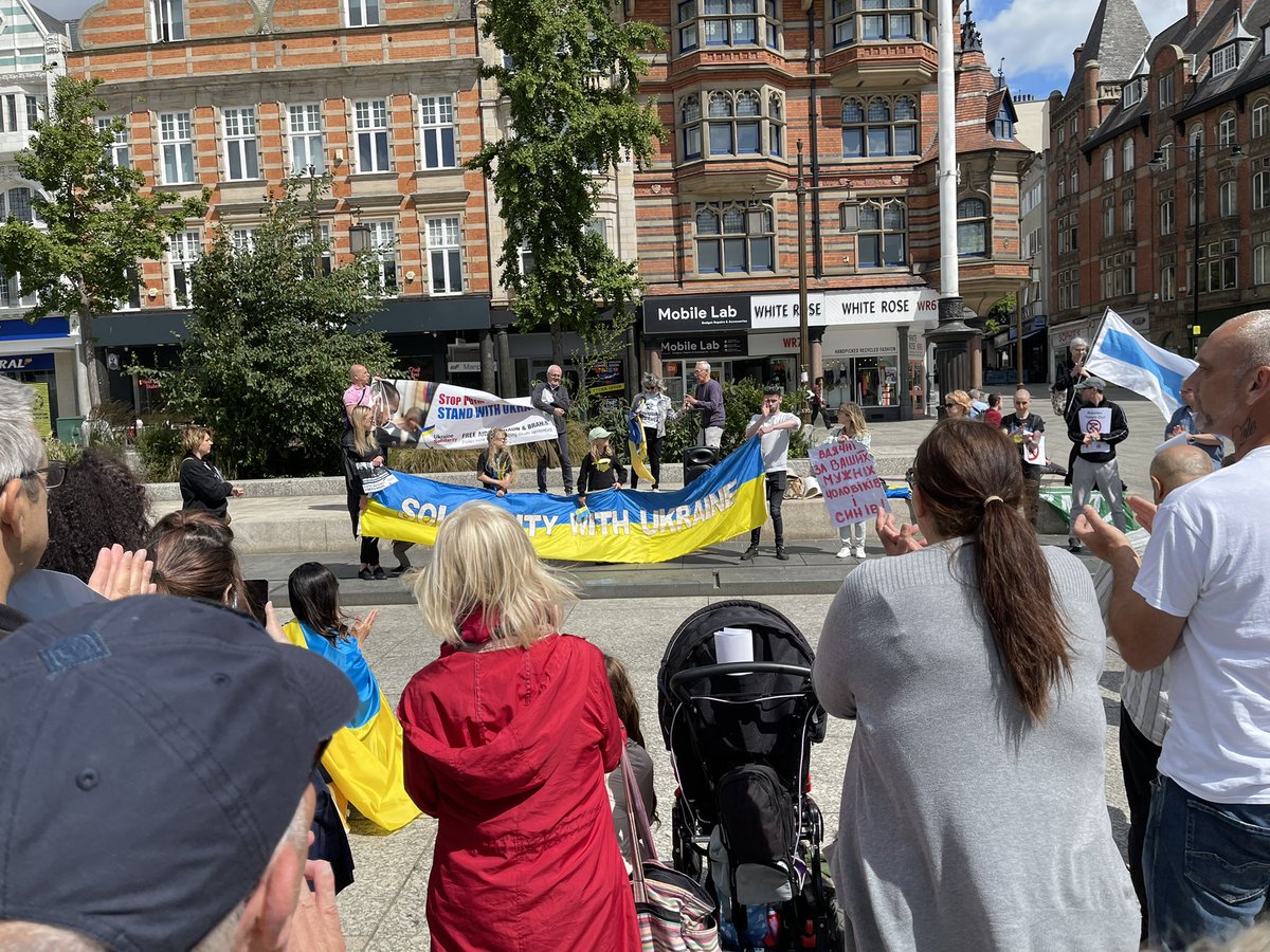 NottmUkraine's tweet photo. Today #Nottingham told Russia to release Aiden, Shaun, Brahim and all POWs! For Putin to end his barbaric war on Ukraine and for all Russian troops to leave Ukrainian territory. #FreeAiden #FreeShaun #FreeBrahim #FreePOWs #StopRussianAggression #StopPutinNow https://t.co/3jWPWOGWbz