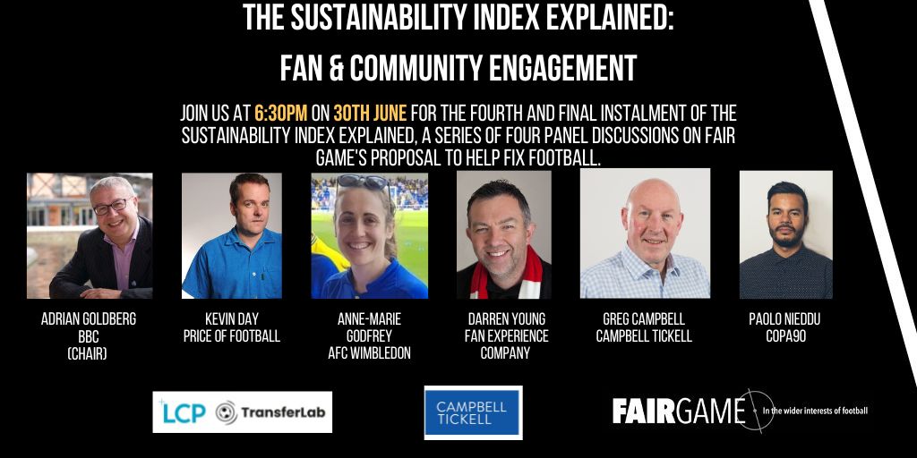FairGameUK's tweet photo. On Thursday:
Do fans matter? 
Should they have a say?

Tune in for free 
@GoldbergRadio chairs with:
@paolonieddu @Copa90 
@Dons4Diversity @TheDonsTrust 
@GregCampbell15 @CampbellTickel1 
@FanExperienceCo 
@kevinhunterday @POF_POD 

Register here 👇👇
https://t.co/zrp3qNguk4 https://t.co/wQzp3o6JeL