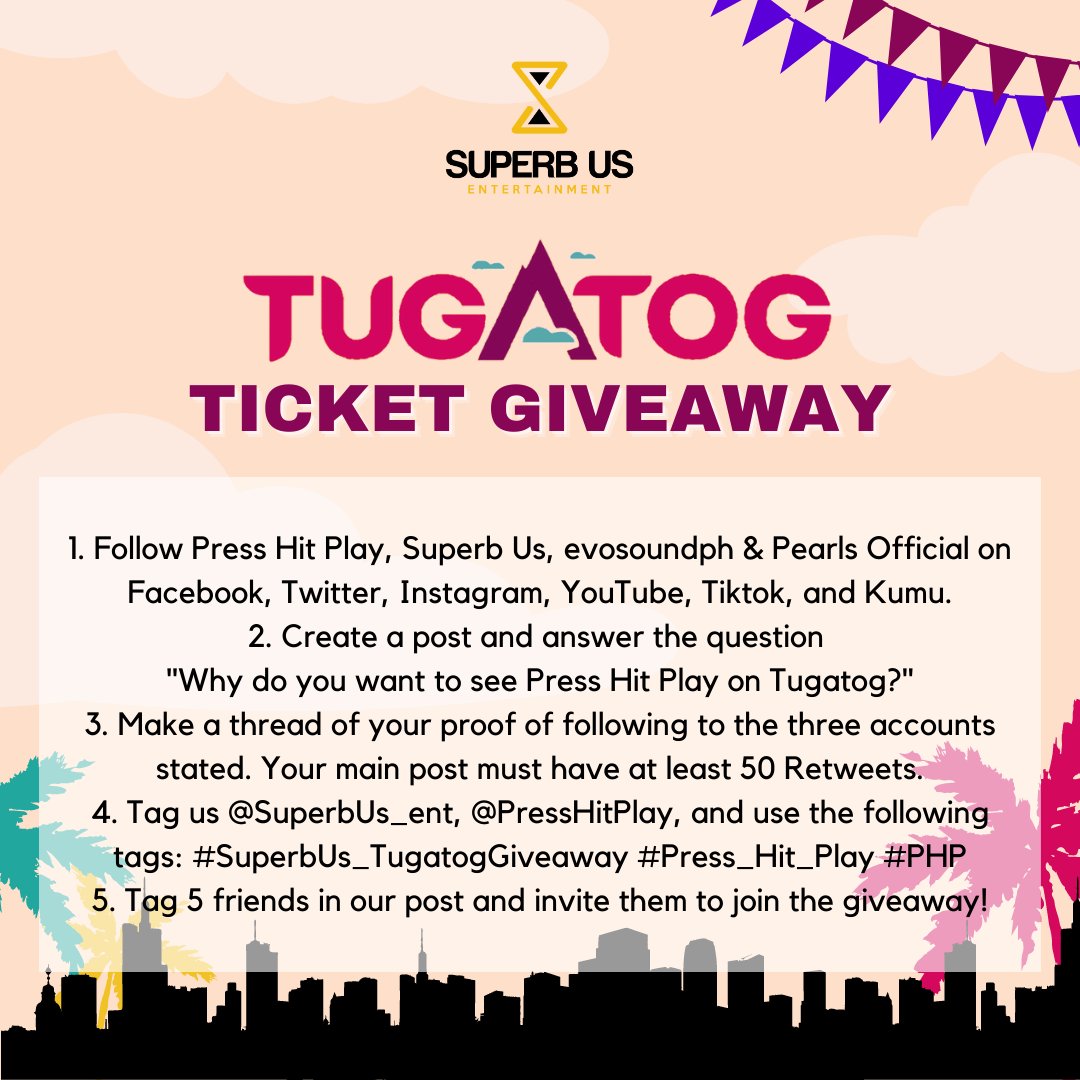 SuperbUs_ent's tweet photo. [#PHP | #SuperbUs_TugatogGiveaway]

Eyes here, PEARLS &amp; PPOP FANS! Here's your chance to watch @PressHitPlay on @tugatogph! ☝️

Read the mechanics below and get a chance to WIN (1) GEN AD TICKET! 🤩

#Press_Hit_Play #TugatogPH @evosoundph https://t.co/ISaxyXYdq7
