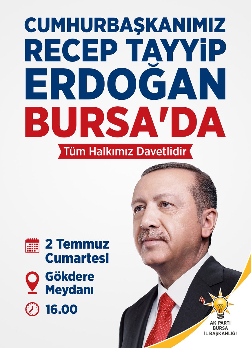 Cumhurbaşkanımız Sayın <a href="/RTErdogan/">Recep Tayyip Erdoğan</a>  Bursamıza geliyor !!!
NİLÜFER hazır Cumhurbaşkanını bekliyor !!! 
🗓️2 Temmuz Cumartesi 
📍Gökdere Meydanı
🕓 16:00