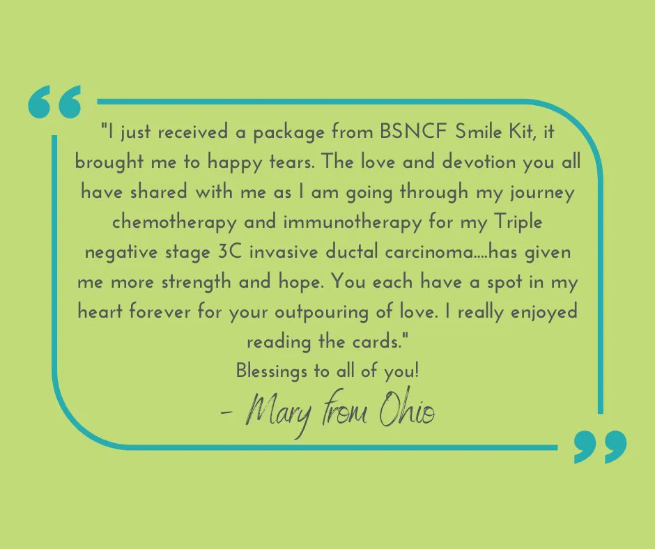 BSNCancerF's tweet photo. Here are some words of inspiration from a "Smile Kit" recipient in Ohio!  
Donate here to help us send smiles across the miles:  https://t.co/9udaULEXHd
#cancersucks #cancer #bsncf #sendingsmiles #smilekits #donate #support https://t.co/UF4zTXRNoC