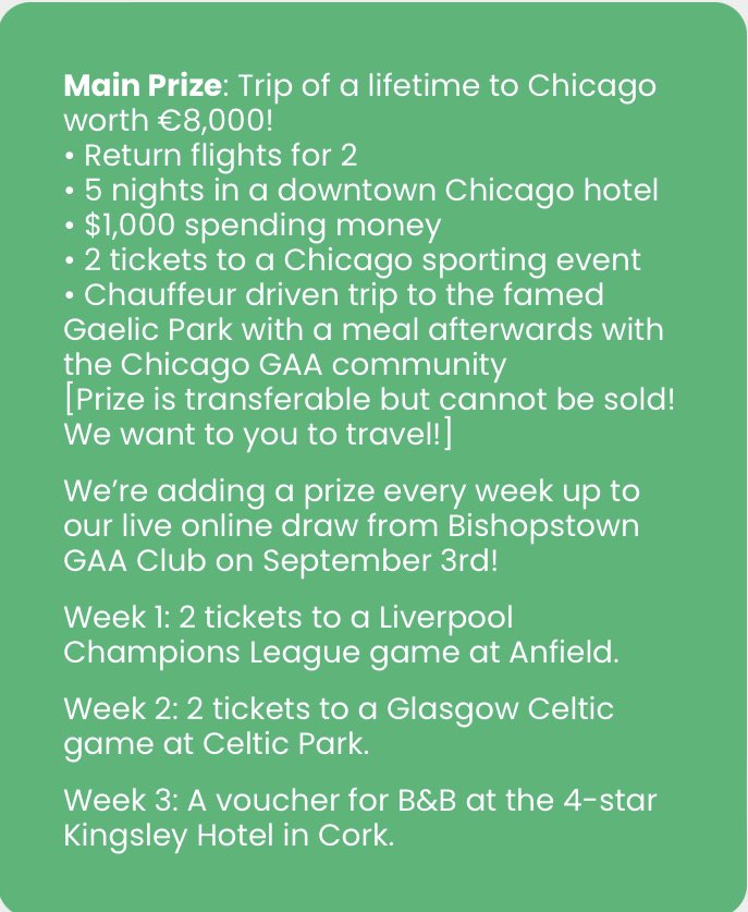 The Mick Cronin Appeal (@mickcroninfund) on Twitter photo Main prize: A 5 night trip to Chicago!
Read about Mick’s story here: irishexaminer.com/sport/gaa/arid…
<a href="/D9BMayo/">David Brady</a> <a href="/Conmort/">Conor.mortimer ⚽️</a> <a href="/MayoGAABlog/">Mayo GAA Blog</a> <a href="/mayogaabanter/">Mayo Gaelic Banter</a> <a href="/Mayo_LGFA/">Mayo LGFA</a> <a href="/stephenroch/">Stephen Rochford</a> @bjpadden11 <a href="/LaobhaoiseNihE/">L. NíHéineacháin</a> <a href="/mayonewssport/">Mayo News - Sport</a> <a href="/duckie15/">Cora Staunton</a> <a href="/keithhiggins7/">Keith Higgins</a> <a href="/the2johnnies/">The 2 Johnnies</a> <a href="/jjnallen/">James Nallen</a> <a href="/daracalleary/">Dara Calleary</a> Main prize: A 5 night trip to Chicago!
Read about Mick’s story here: irishexaminer.com/sport/gaa/arid…
<a href="/D9BMayo/">David Brady</a> <a href="/Conmort/">Conor.mortimer ⚽️</a> <a href="/MayoGAABlog/">Mayo GAA Blog</a> <a href="/mayogaabanter/">Mayo Gaelic Banter</a> <a href="/Mayo_LGFA/">Mayo LGFA</a> <a href="/stephenroch/">Stephen Rochford</a> @bjpadden11 <a href="/LaobhaoiseNihE/">L. NíHéineacháin</a> <a href="/mayonewssport/">Mayo News - Sport</a> <a href="/duckie15/">Cora Staunton</a> <a href="/keithhiggins7/">Keith Higgins</a> <a href="/the2johnnies/">The 2 Johnnies</a> <a href="/jjnallen/">James Nallen</a> <a href="/daracalleary/">Dara Calleary</a>