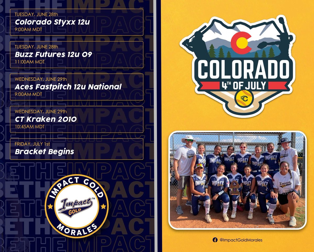 My team is headed to Colorado for the Triple Crown Junior Sparkler. We will compete with over 100 teams from all over the country. Can’t wait!  #coloradosparkler #betheimpact <a href="/ImpactRetweets/">Impact Promotions</a> <a href="/ImpactGoldOrg/">Impact Gold Fastpitch</a> <a href="/triplecrownspts/">Triple Crown Sports</a> <a href="/SarahMorales_15/">Sarah Morales</a>